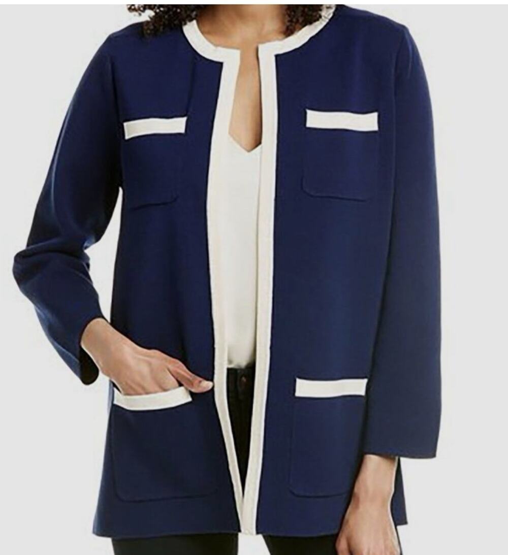 Anne Klein Tipped Patch Pocket Cardigan Navy blue white Women's Size 1X Plus New